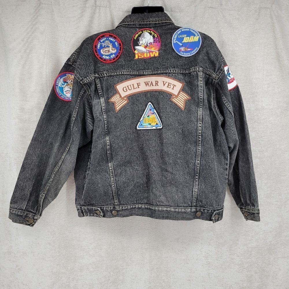 Traffic Vintage Black Denim Trucker Jacket Gulf War Vet Patches POW*MIA War